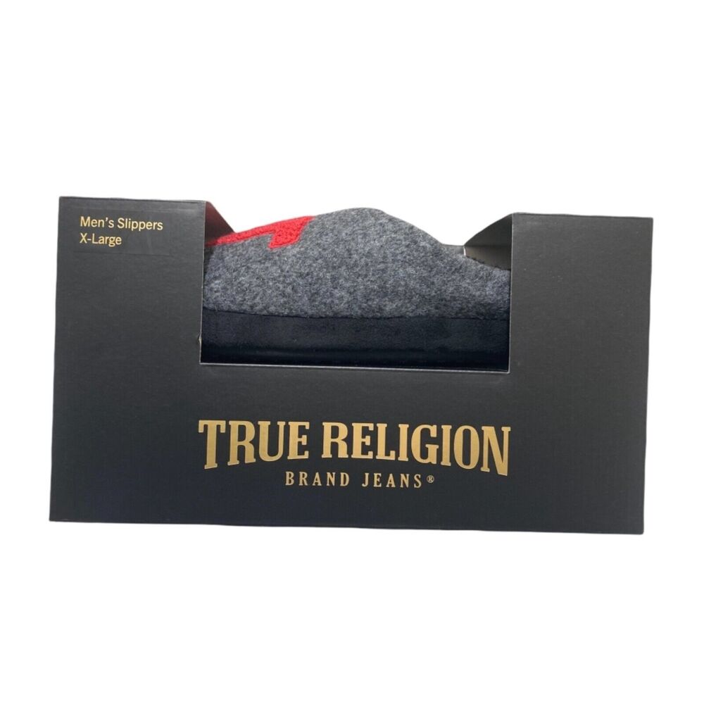 True Religion Men’s Grey and Red Logo Slip On House Slipper’s Size Small (7-8)